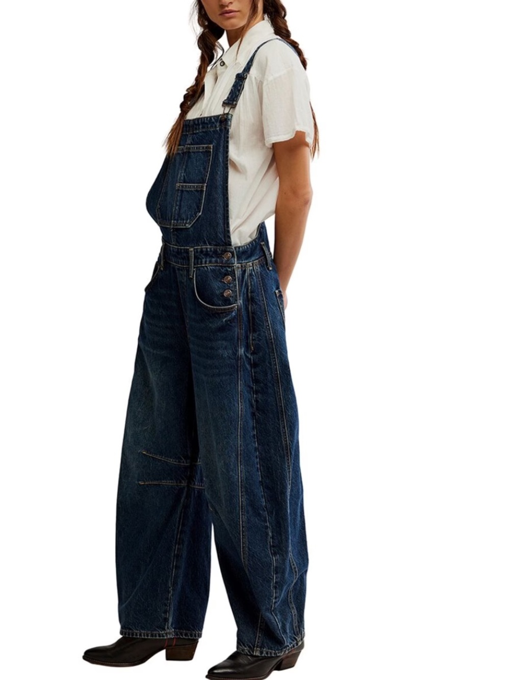 Free People Dark Blue Denim Wide-Leg Overalls